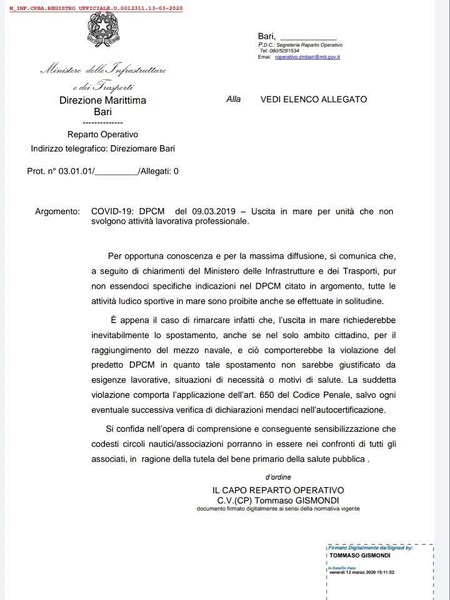 Covid19: VELA DIPORTO - C.P. BARI 13.03.2020