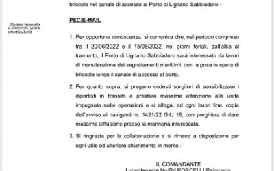 Passo marittimo Porto Lignano: spostamento bricole segnalazione