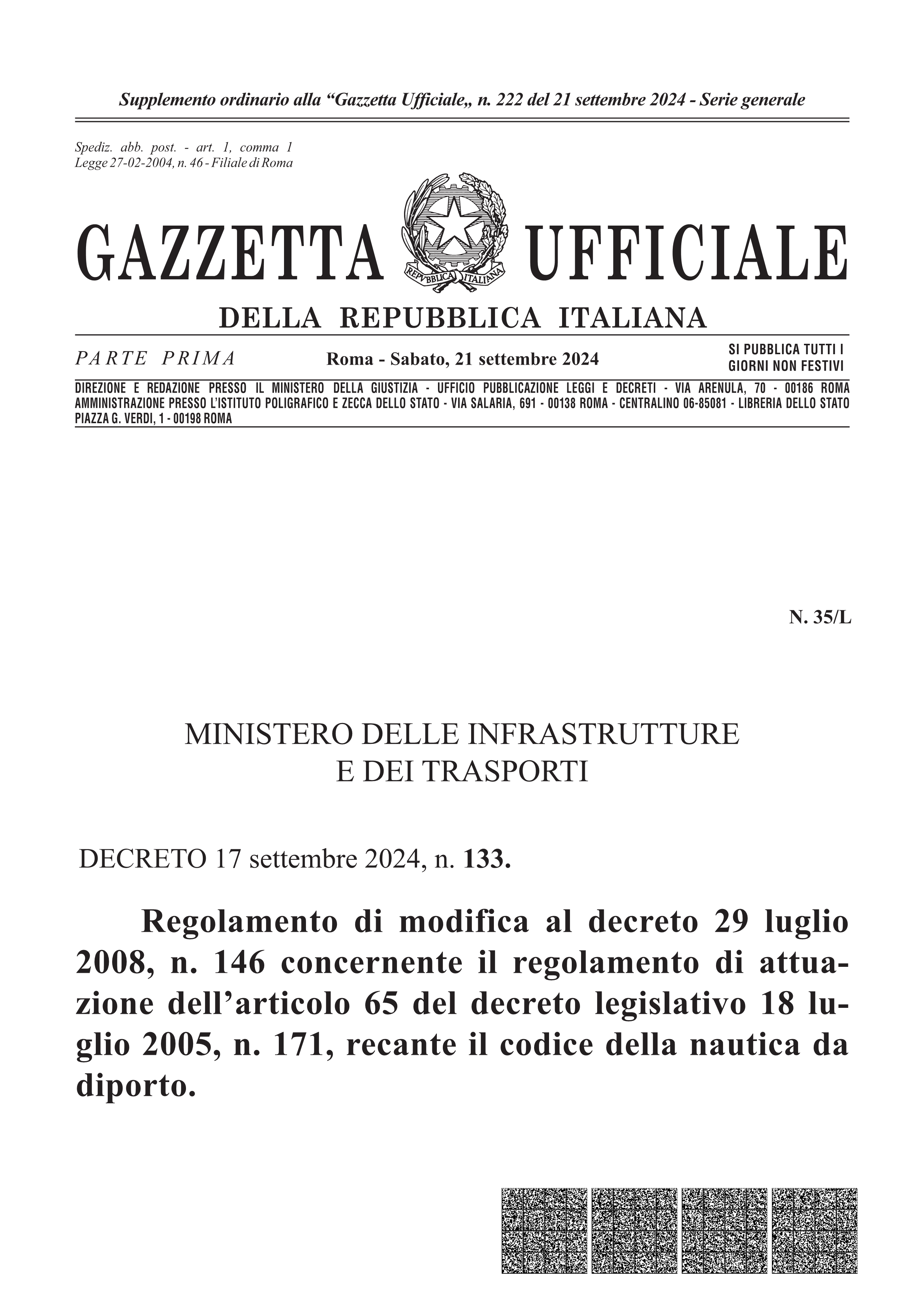 Gazzetta Ufficiale n. 222 il Regolamento del Codice della Nautica da Diporto